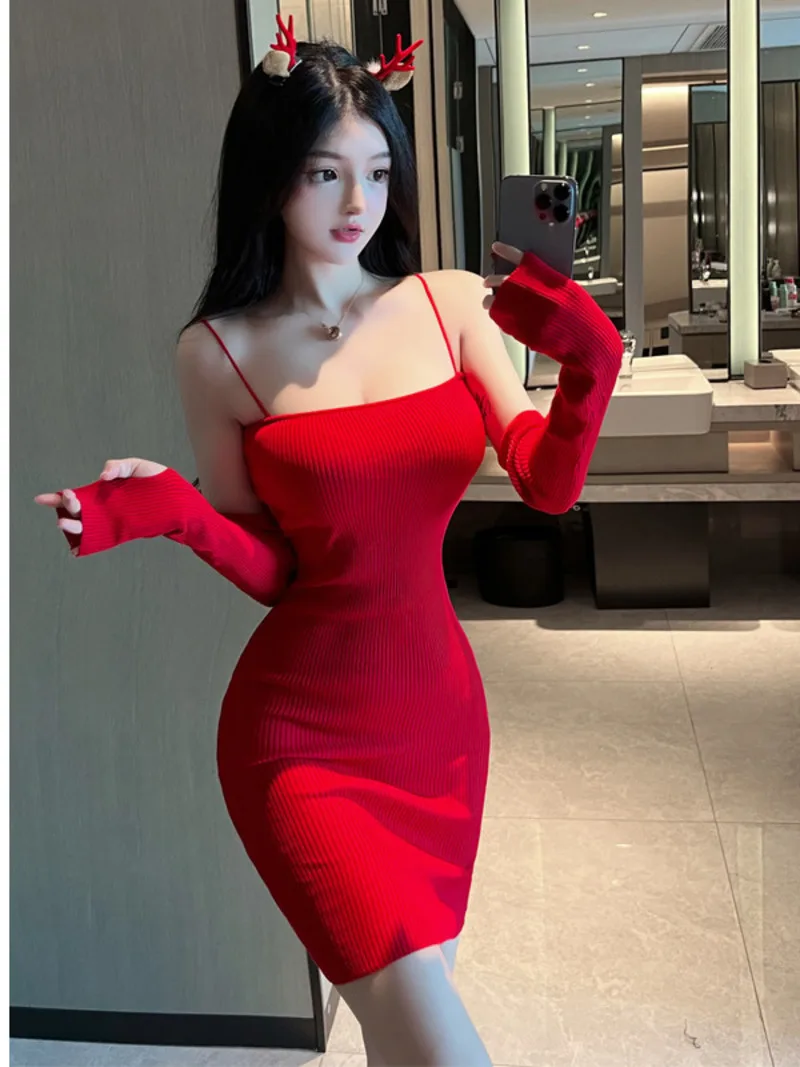 

2023 Spring/Summer New Women's Sexy Spicy Girl Christmas Style Fashion Slim sling Solid Color Wrap buttocks Knit Dress K7MB