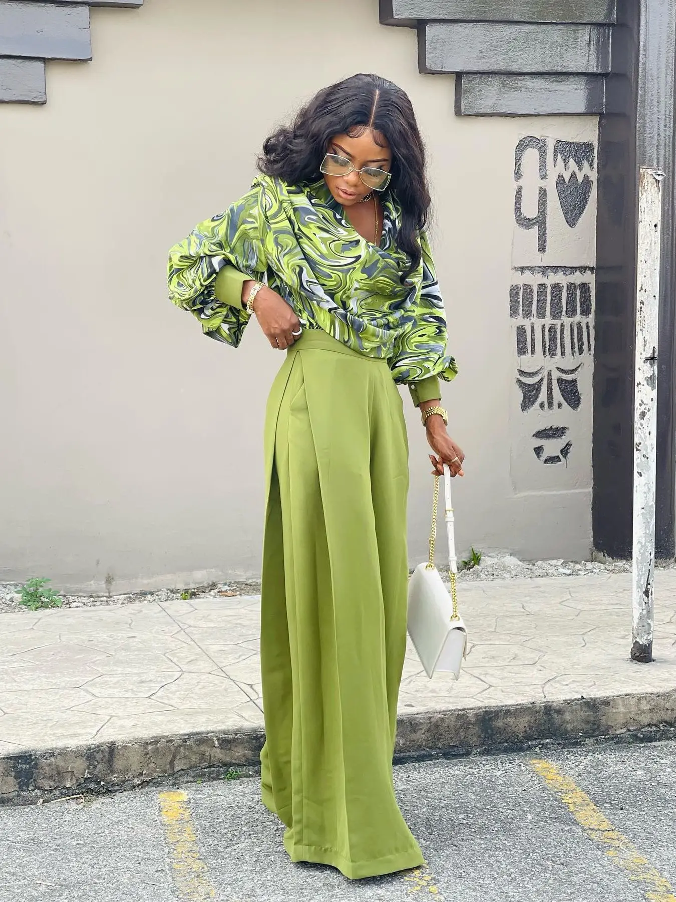 

2023 Autumn New Print Design Sense Lantern Sleeve Shirt Wide Leg Suit Casual Set