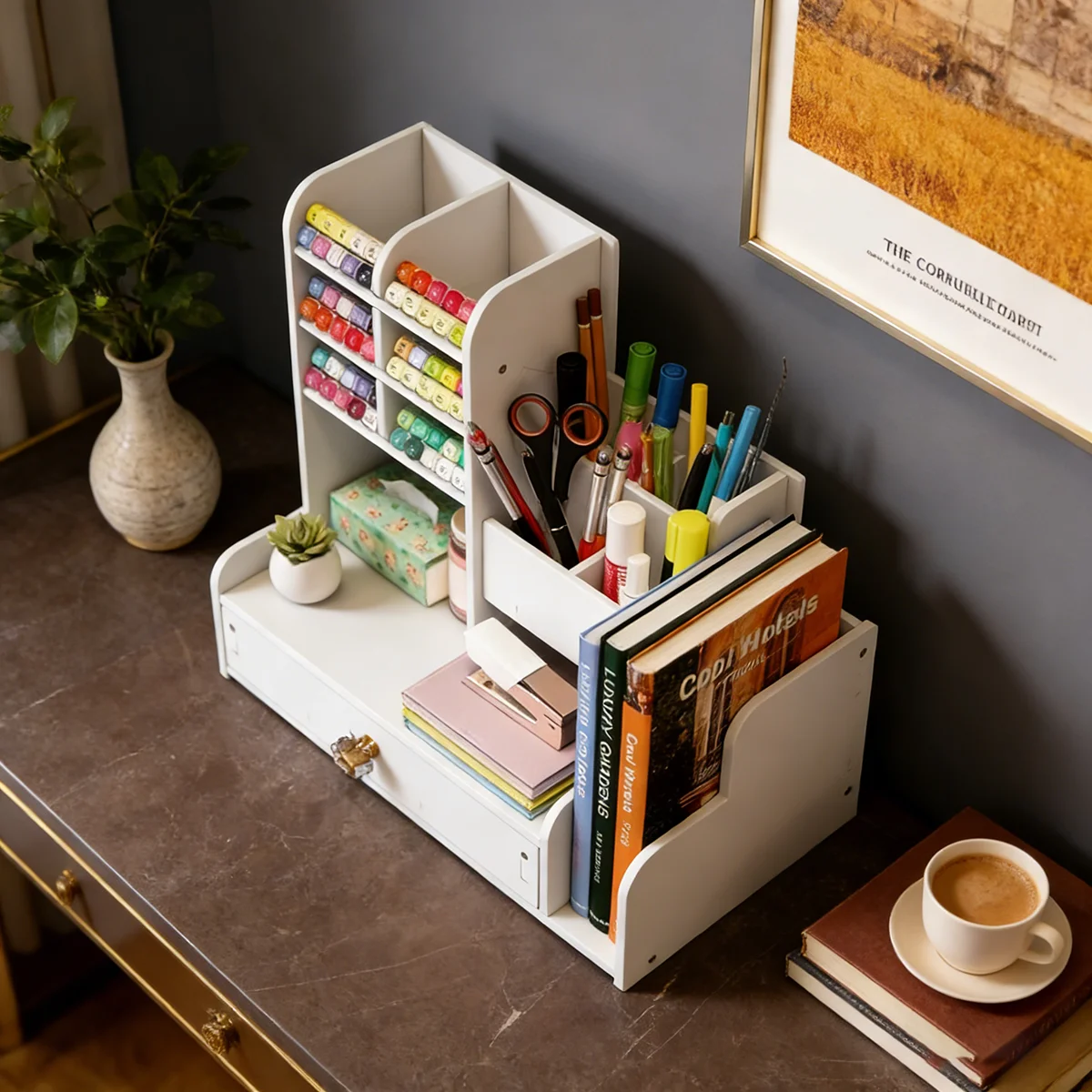 Organizer da Scrivania Effetto Legno con Cassetto, Portaoggetti da Scrivania Multi-Scomparto per Cancelleria e Accessori - immagine 2