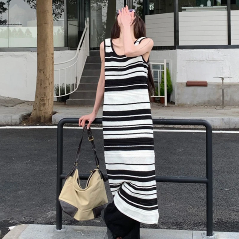 

Retro Contrast Color Striped Sleeveless Straight Casual Women Long Tank Dress