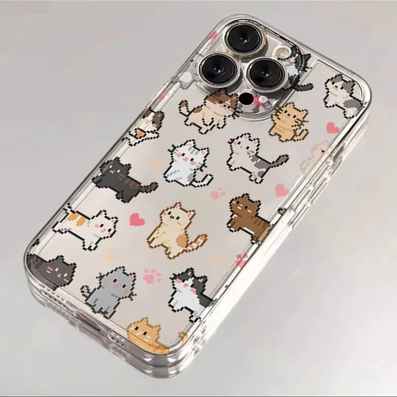 Charming Pixel Kitten Pattern Transparent Phone Case