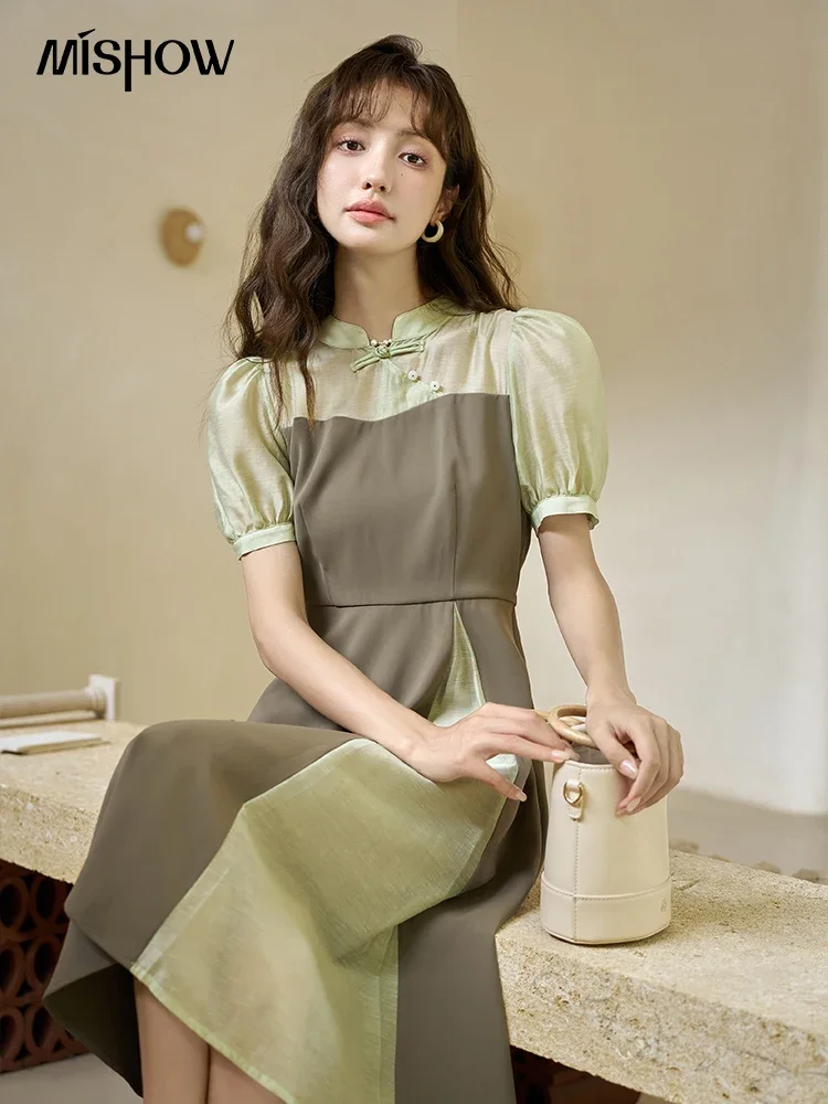 MISHOW Chinesischen Stil Kleid für Frauen 2023 Sommer Taille Puff Sleeve Patchwork Gefälschte Zwei Stücke Französisch Dünne Lange Kleider MXC35L1354