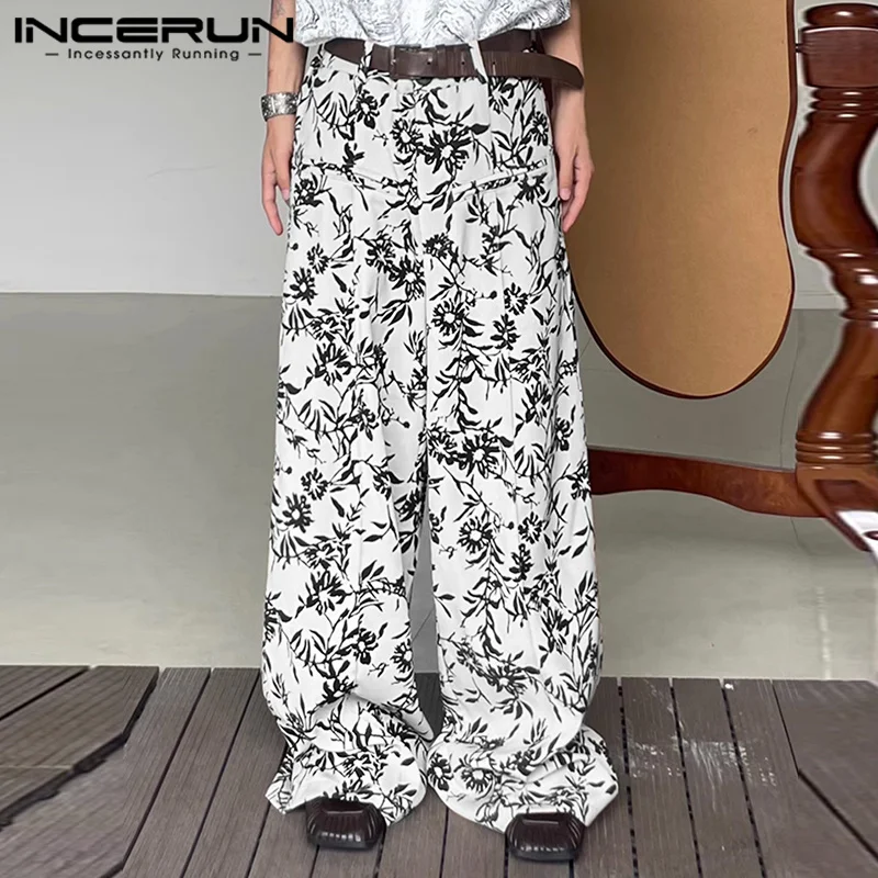 INCERUN 2023 Korean Style New Men's Pants Retro Ink Flower Print Pattern Trousers Fashion Streetwear Hot Selling Pantalons S-5XL