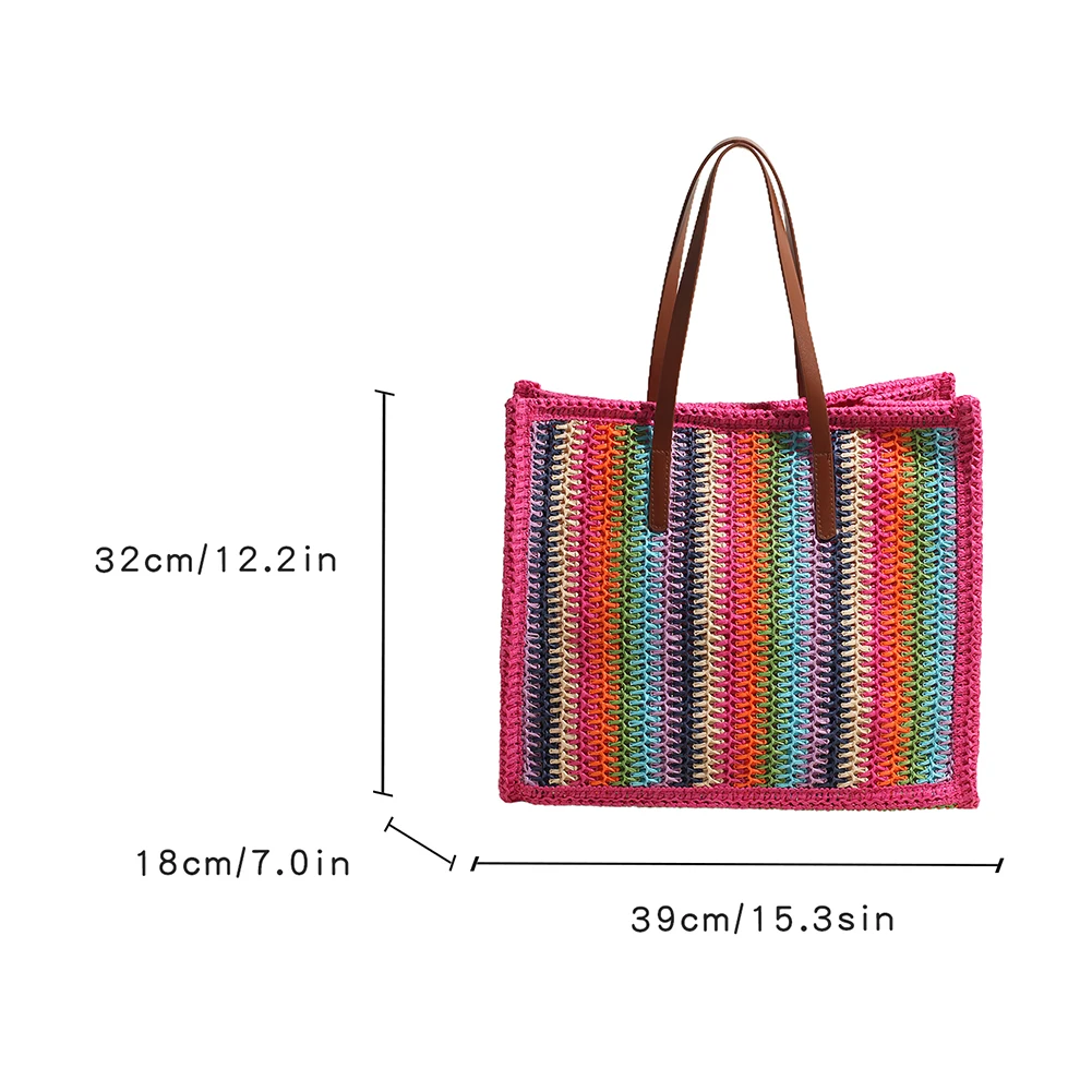 Straw Rainbow Handbags Women’s Straw Raffia Crochet Woven Tote Bag Rattan Top Handle Casual Shoulder Messenger Summer Beach Bag