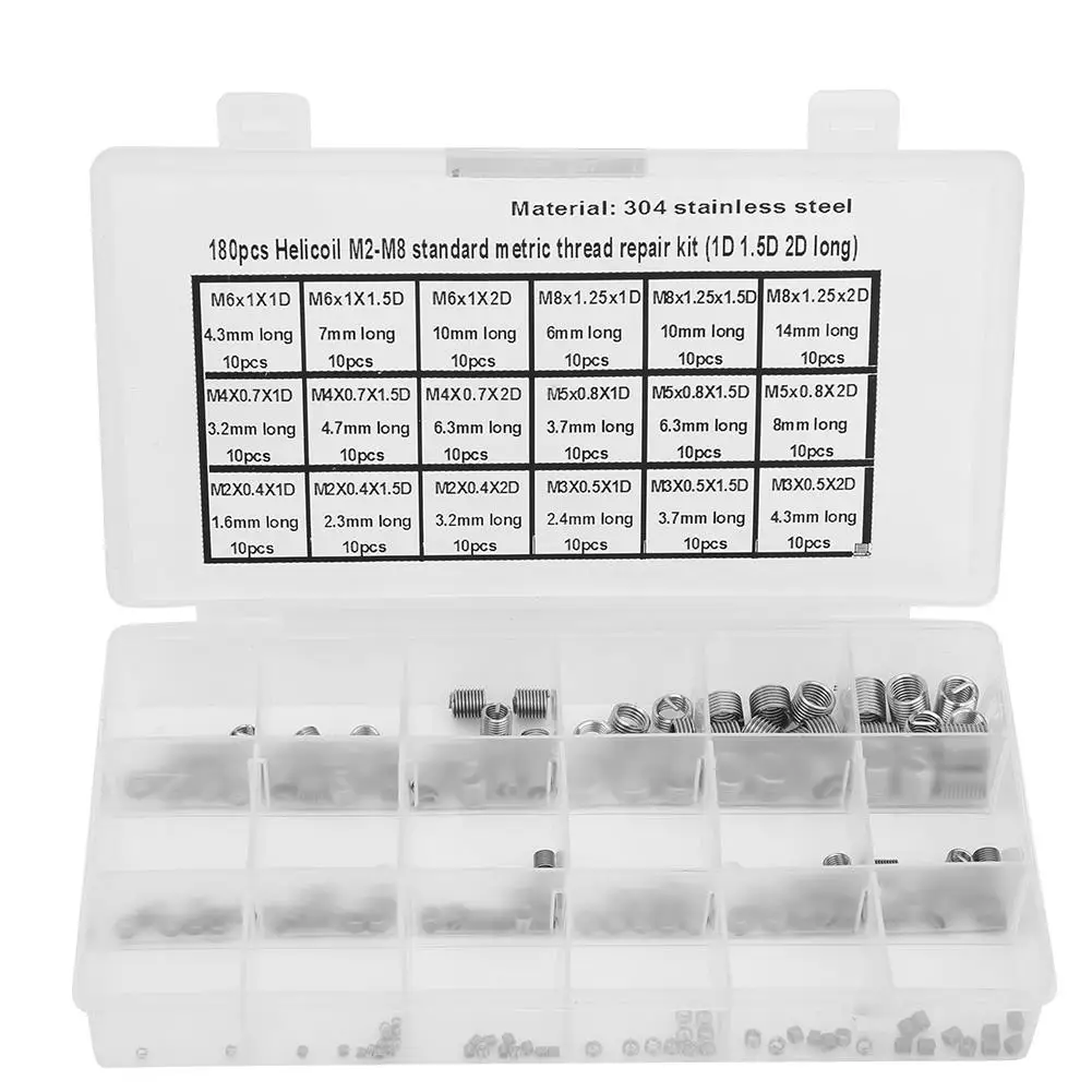 Kit Helicoil In Acciaio Inossidabile Da 180 Pezzi M2-M8 Strumento Di Riparazione Del Filo Manicotto Della Boccola Dell'Inserto Filettato Del Filo A Sp