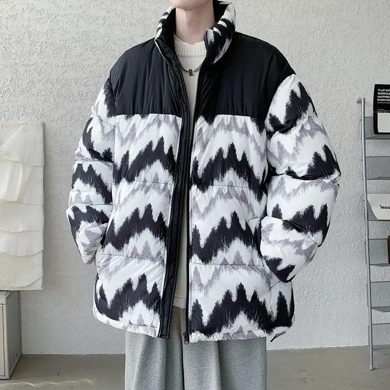 

Men High Quality Cotton-Padded Coat Winter Male Thick Warm Fashion Stand Collar Outwear Large Size Loose Trendy Printed Outcoat