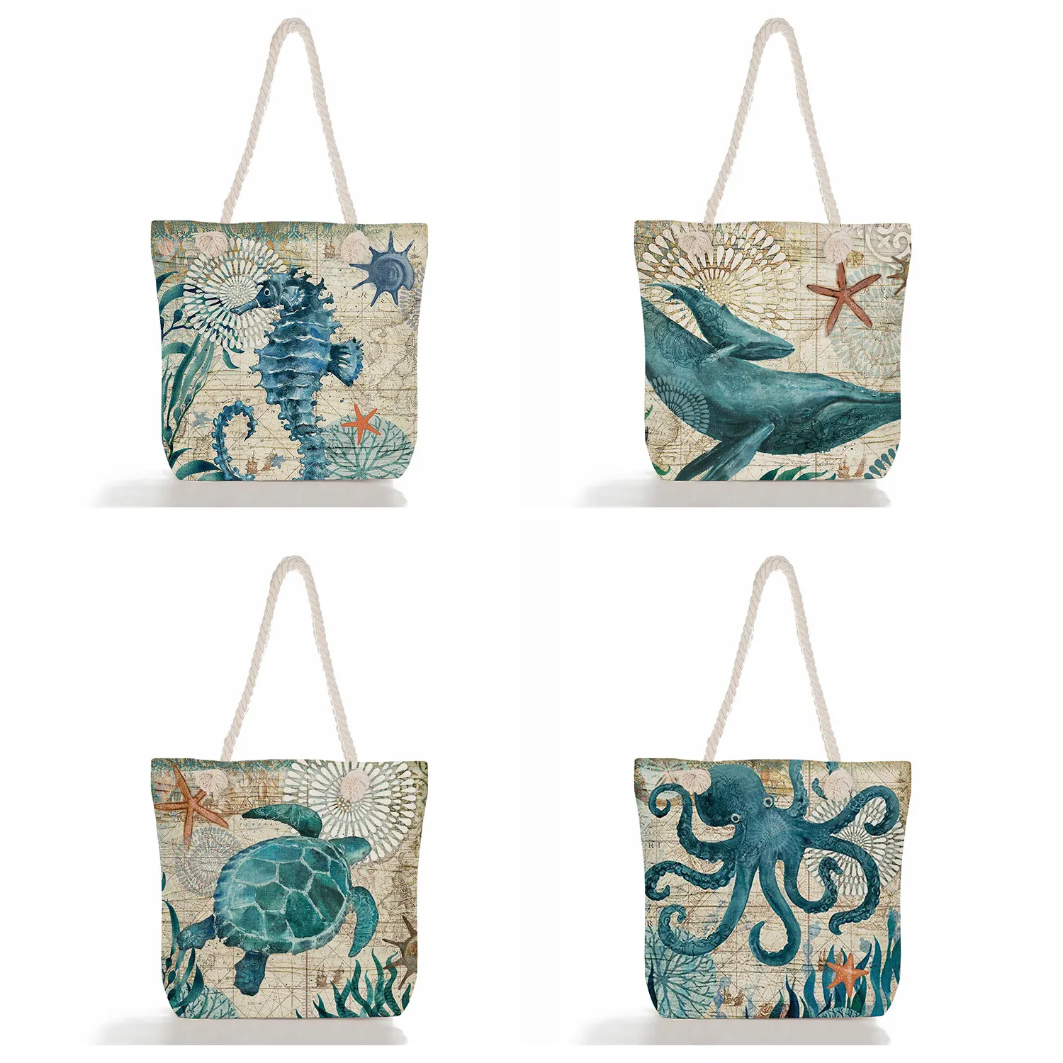 

Marine Life Animal Handbags Customize Logo Picture High Quality Thick Rope Travel Beach Bags Turtle Octopus Seahorse Whale Tote