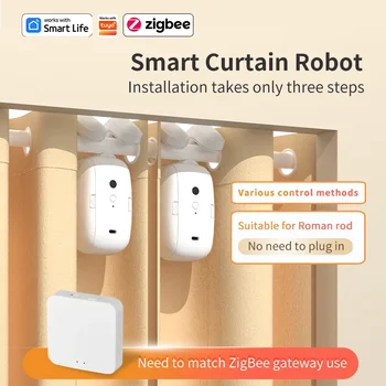 Motore per Tende Smart Zigbee con Ganci per Binario Roma, Robot Spingitenda Intelligente, Supporta il Controllo Vocale Siri, Google Home, Alexa