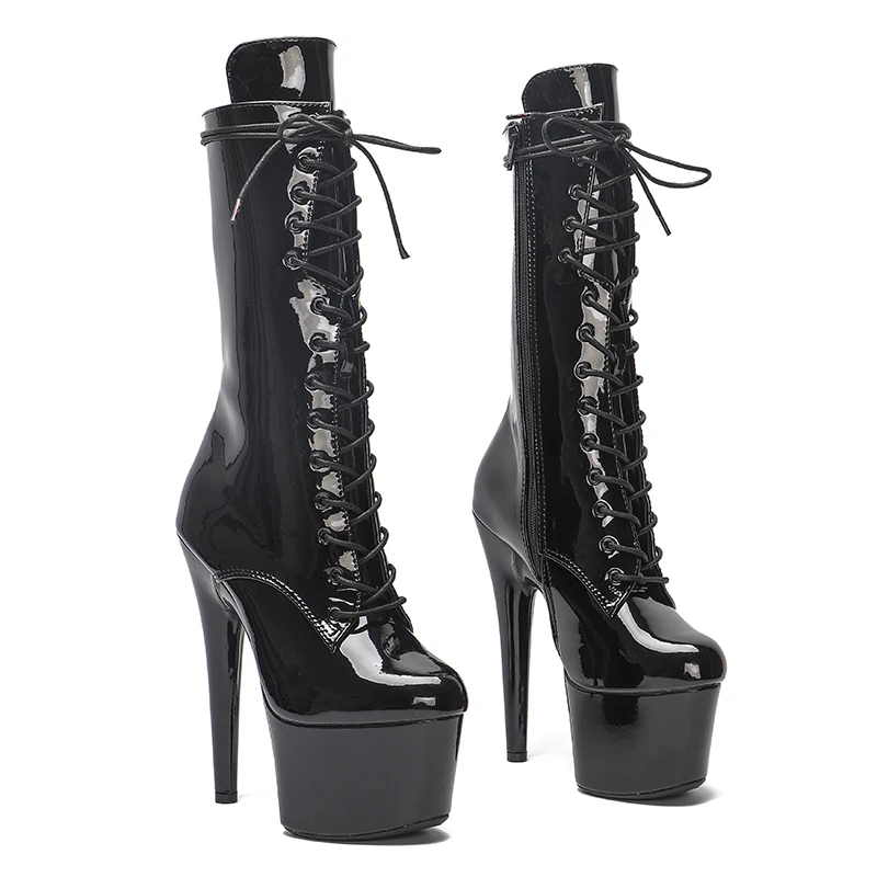 Leecabe  17CM/7inches Patent PU  material High Heel platform Pole Dance boot