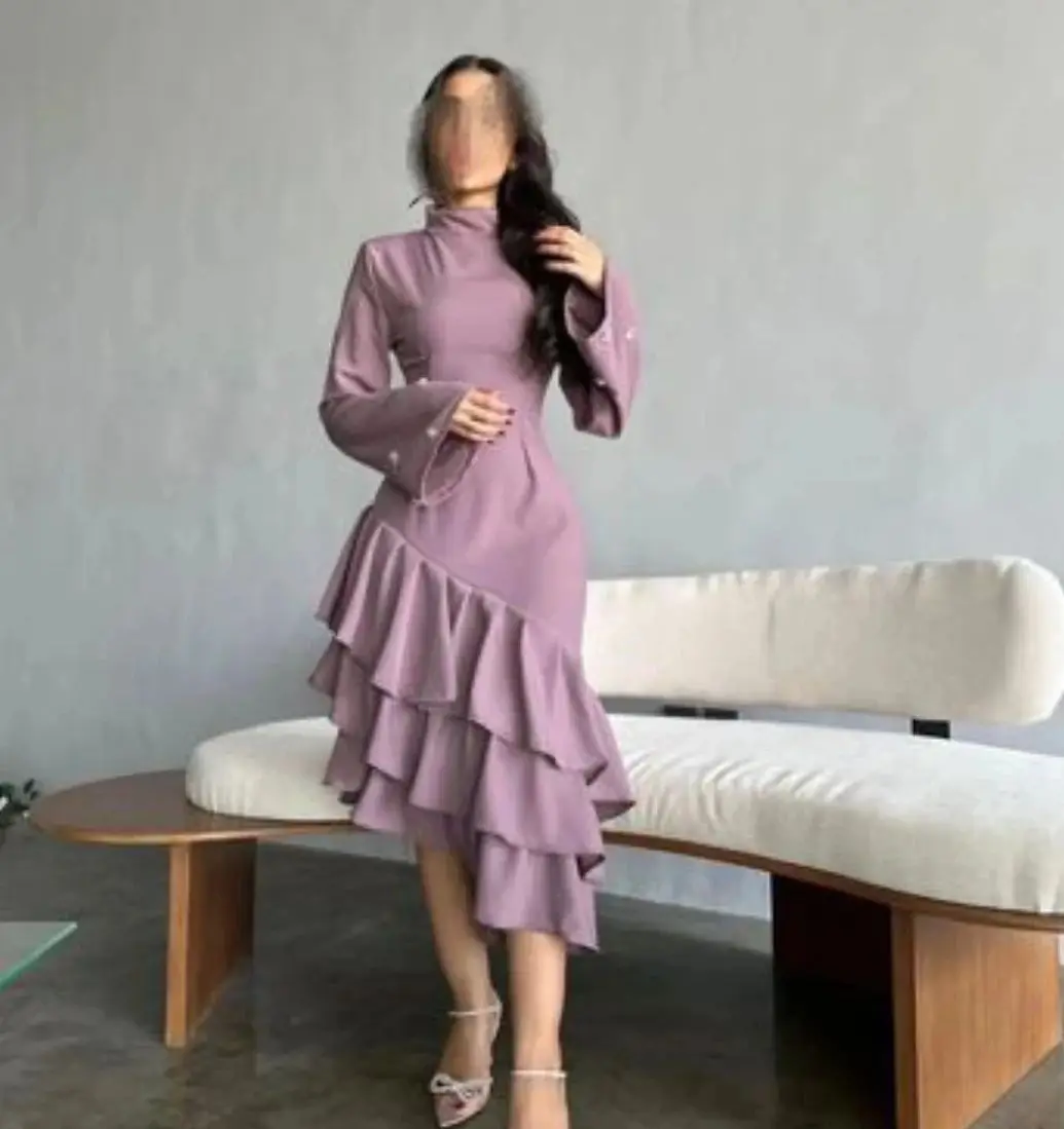 

Purple Prom Dress Ruffle Pleated Halter Knee Length A-line Evening Dresses Gala Satin Long Sleeve Saudi Arabia Party Gown 2024