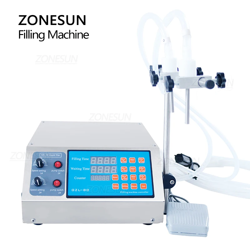 Liquid Filling Machine Filling Machine ZONESUN Electric Liquid Filling Machine 2 Head Diaphragm Pump Pedal Control Bottle Filler Vinegar Beverages Juice Milk Cosmetics