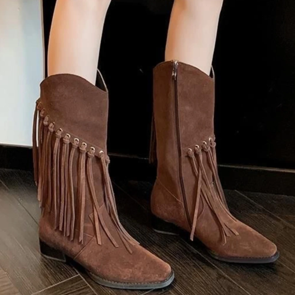 

Женские замшевые сапоги до середины икры с бахромой, сапоги Челси на молнии, зимняя обувь на среднем каблуке с острым носком, готические зимние сапоги, туфли-лодочки, сапоги, 2023