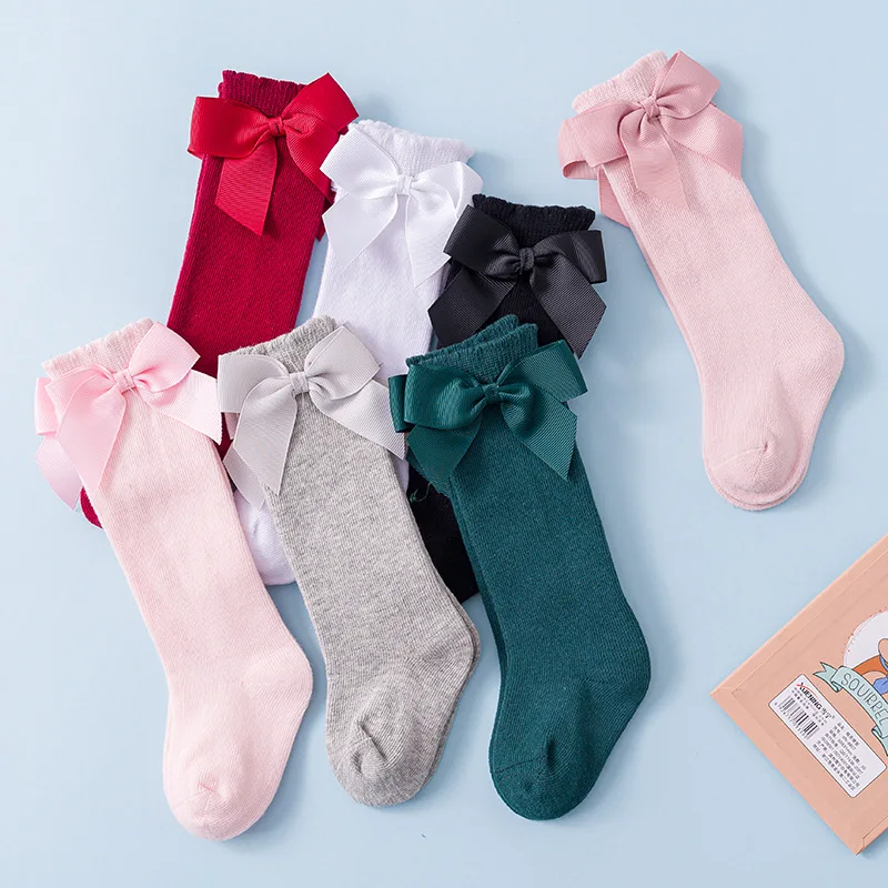 1 Pair Girls Solid Socks With Bows 100% Cotton Baby Children Sock Soft Toddlers Long Socks Kids Princess Knee High Socken 0-7yrs 6