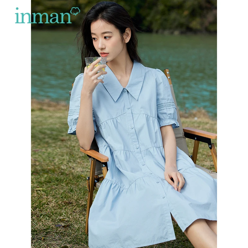 

INMAN Women Dress 2023 Summer Puff Sleeve Chelsea Collar A-shaped Loose Multilevel Pleated Design Brown Blue Cute Doll Skirt