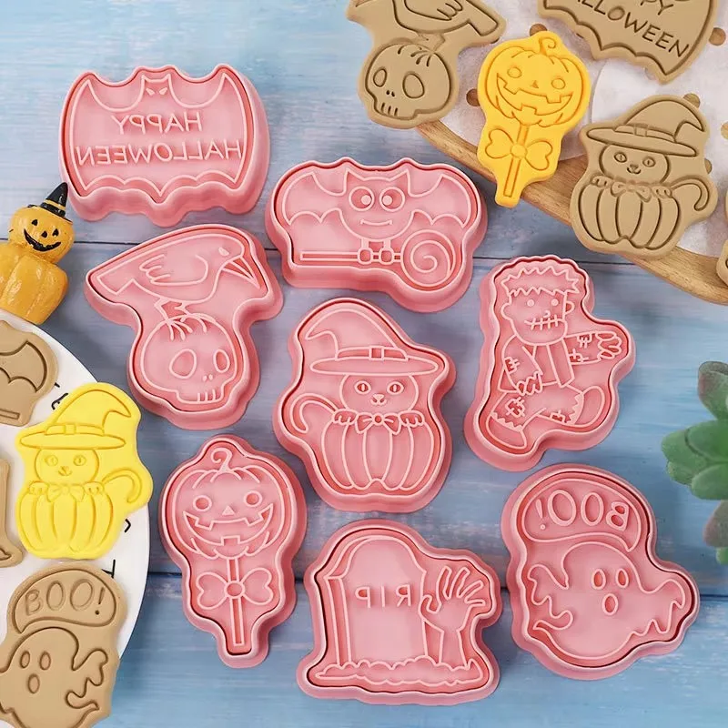 8pcs Set Halloween Cookie Mold Cartoon Cookie Cutters Pressable Biscuit Mold Confectionery Stamp Baking Pastry Bakeware Tools