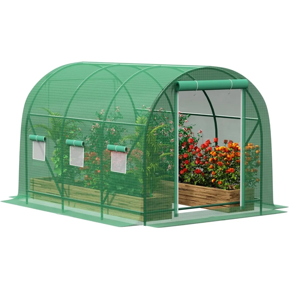 

Greenhouse for Winter, Large Walk in Green Houses for Outside with 6 Ventilated Mesh Windows & Roll-up Door 10×10×6.6FT