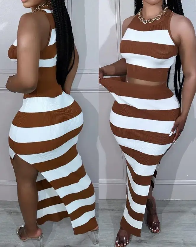 

Two Piece Sets Women Outifits Summer Fashion Colorblock Striped Round Neck Sleeveless Crop Top & Casual High Slit Skirt Set