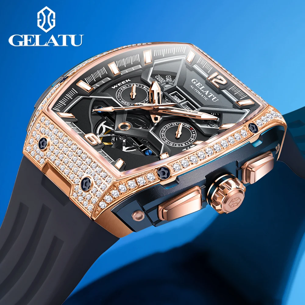GELATU 6016 Men's Watch Diamond Hollow Man Mechanical Wristwatch Luxury Auto Date Deep Waterproof Watch For Men Silicone Strap
