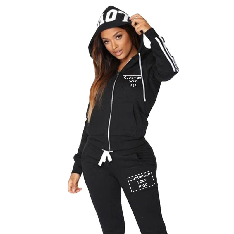 Customized Women's Sports Set Three Stripe Hoodie Two Piece Set Customized Your Logo Zipper Hoodie+Sweatpants Sports Jogging Set