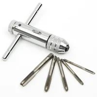 Clé de support de robinet à cliquet à poignée en T réglable en argent avec 5 pièces M3-M8 3mm-8mm filetage de vis Machine prise métrique robinet en forme de T 2