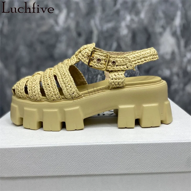 

New Thick Soled Platform Sandals Women Twine Rattan Grass Braid Casual Beach Rome Sandals Summer Punk Lefu Flats Shoes Ladies