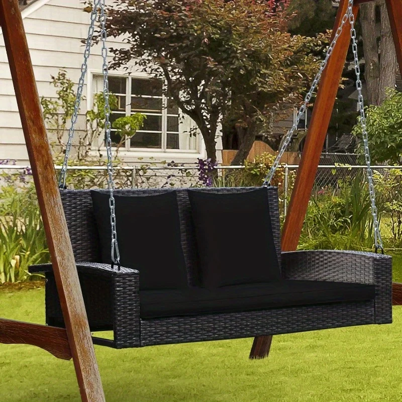 RELAX4LIFE Porch Swing 2-Seat Patio Rattan Wicker Porch Swings Outdoor W Two 7.9 Ft Solid Steel Chain Comfortable Back a 4