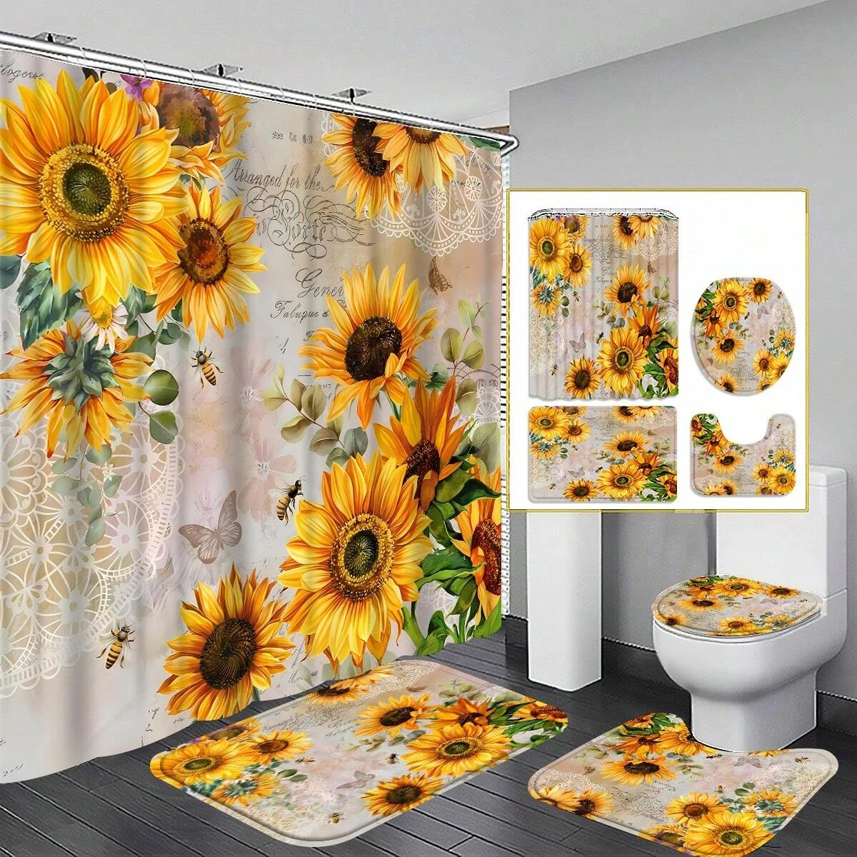 4PCS Sunflower Shower Curtain Sets, Sunflower And BeesBathroom Decor, Bath Mat, Toilet Lid Rug Home Decorations