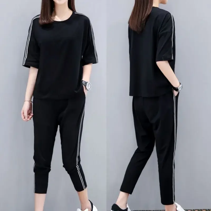 Women Sports Suit Autumn Fashion Loose Half Sleeve Ankle-length Pants Two-piece