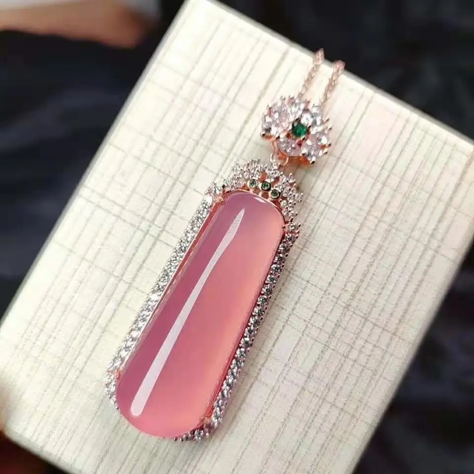 Chalcedony Wholesale S925 Inlaid Green Natural Agate Jade Stone Pendant Jewelry Holiday Gift Accessories New Fine Necklace