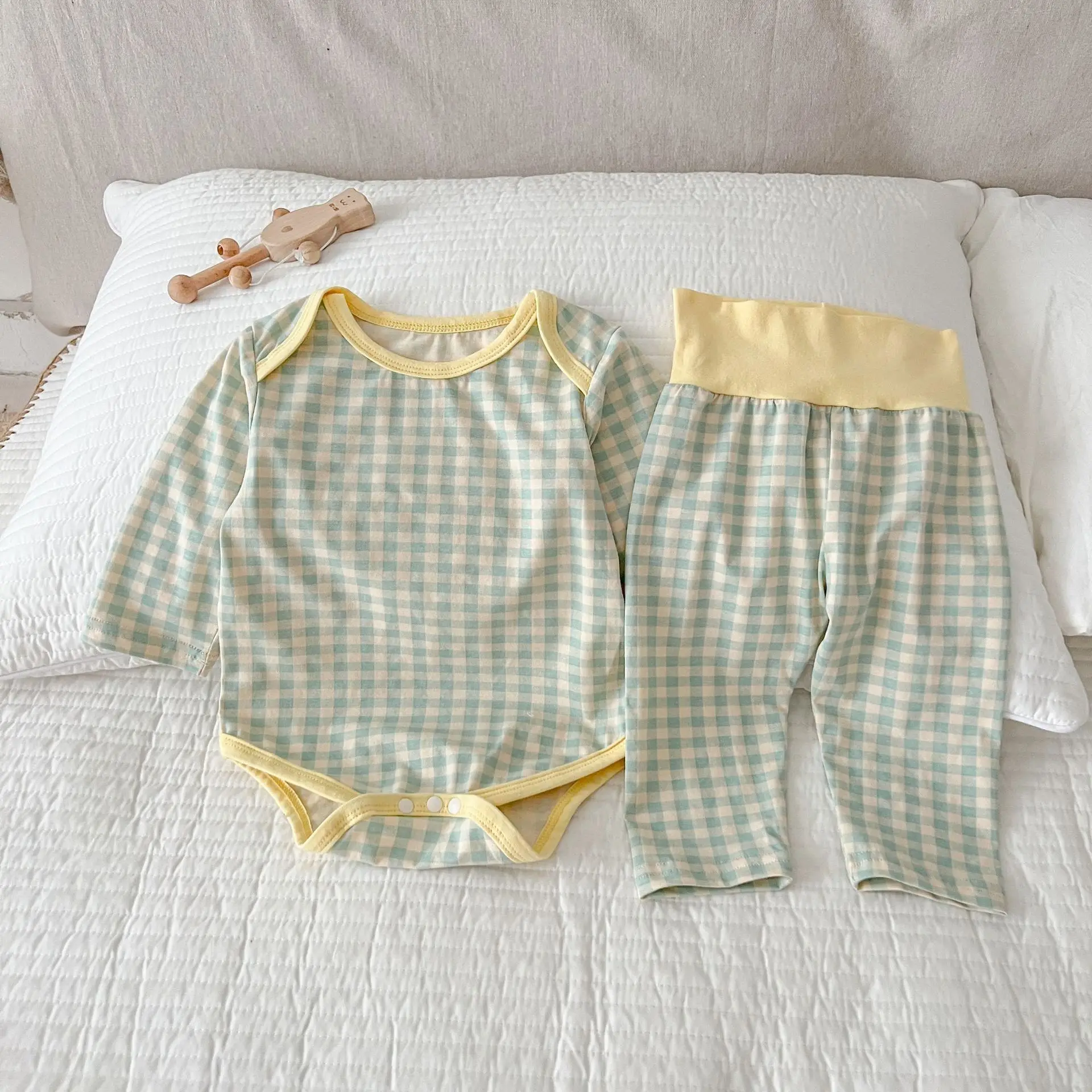 2023 Autumn New Baby Long Sleeve Plaid Bodysuit Toddler Leggings 2pcs Suit Infant Girl Home Clothes Set Cotton Toddler Outfits