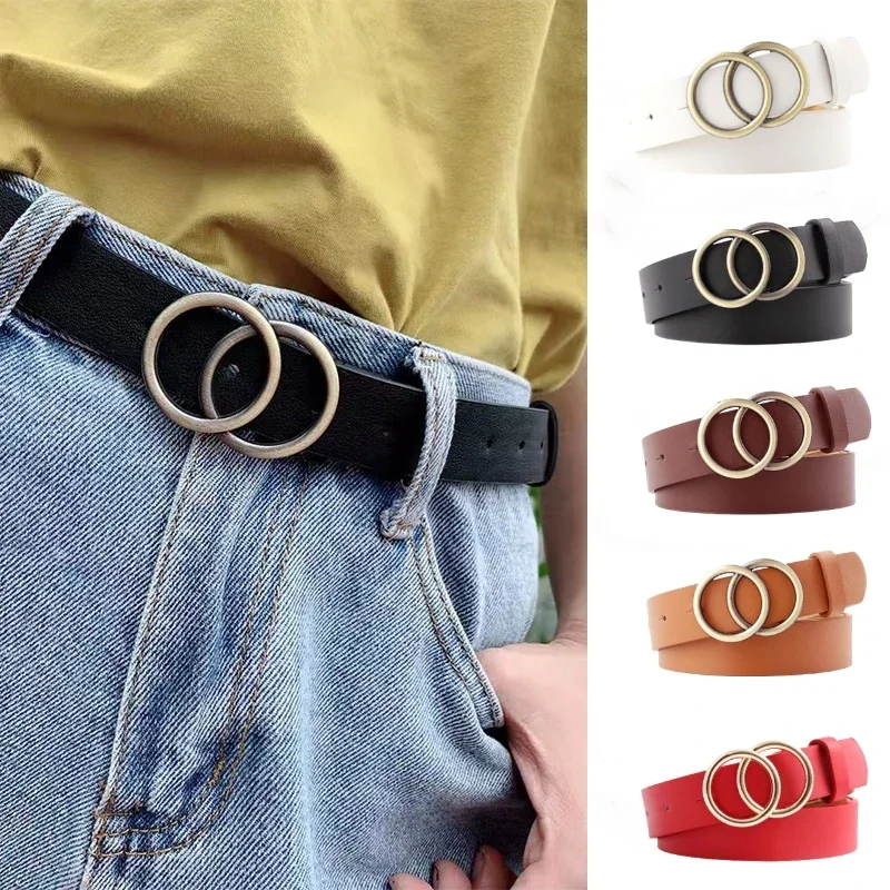 Big Double Ring Circle Metal Buckle Belt Women Fashion Wild Waistband Ladies Wide Leather Straps Belts for Leisure Dress Jeans