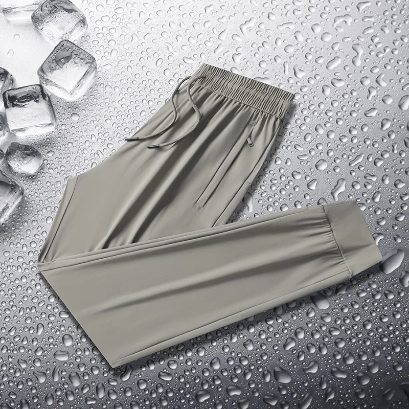 Simple Summer Solid Color Thin Ice Silk Men's Pocket Drawstring Elastic Waist Sports Pants Outdoor Casual Ankle Length Pants