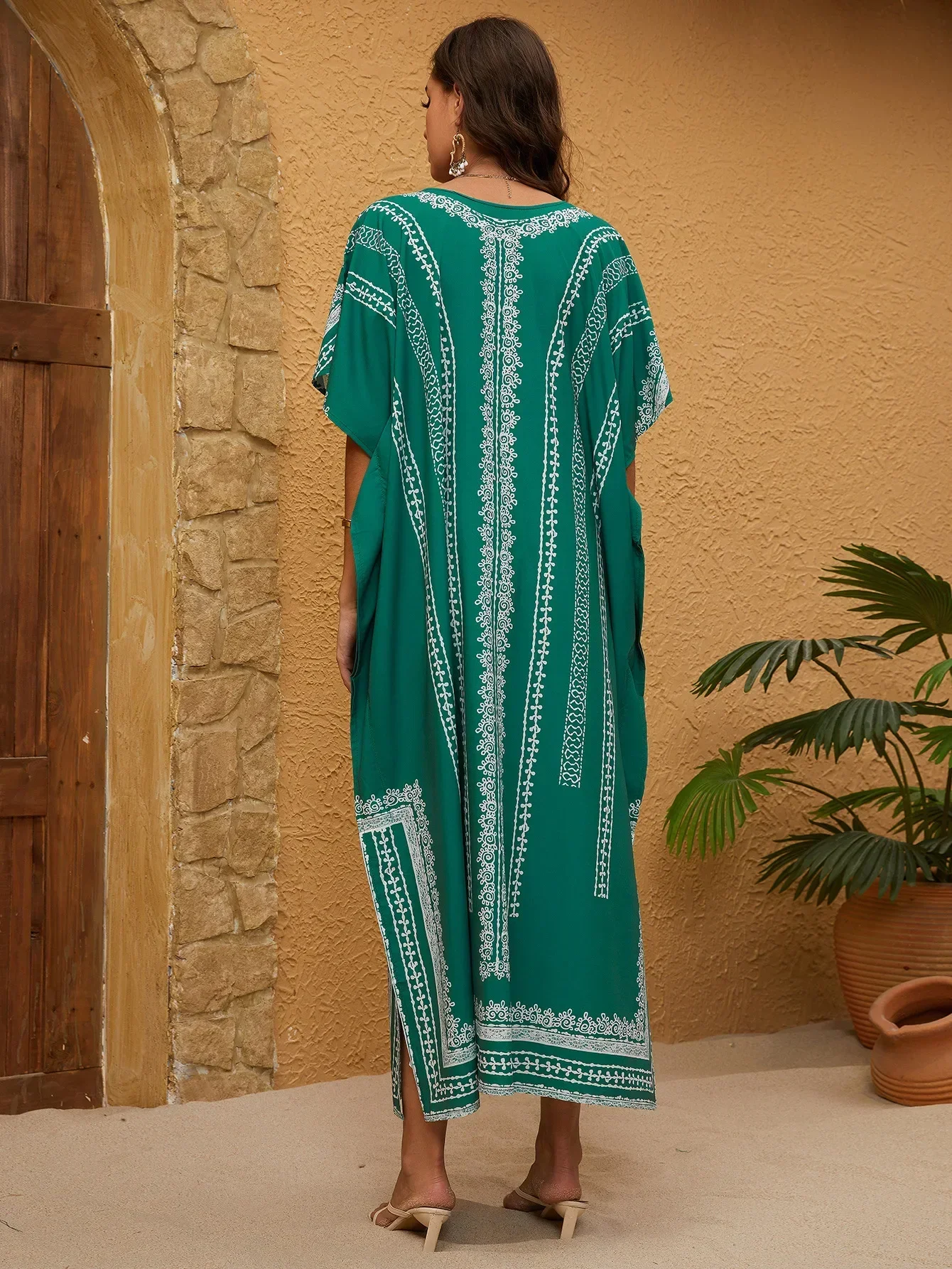 فستان قفطان شاطئ مطبوع للنساء ، بدلة سباحة بأكمام...