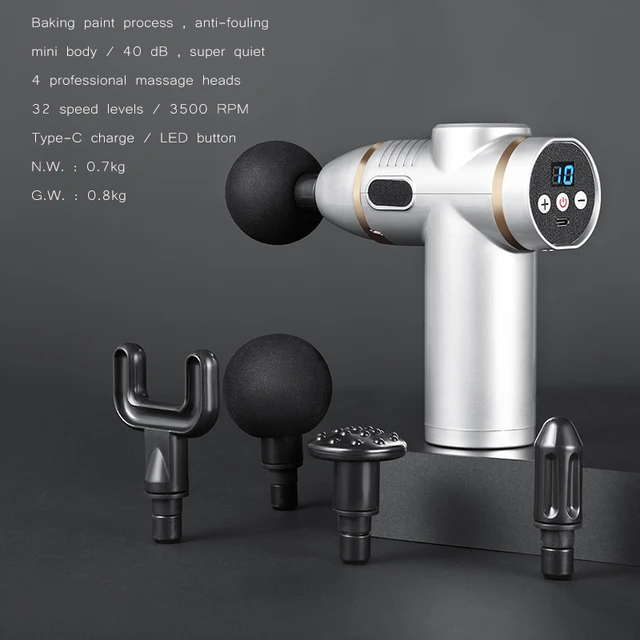 32 speed levels Electric massage Gun Slimming Body Neck back foot leg shoulder Massager Muscle Fascia Gun percussion massagers Silver H01-4 heads