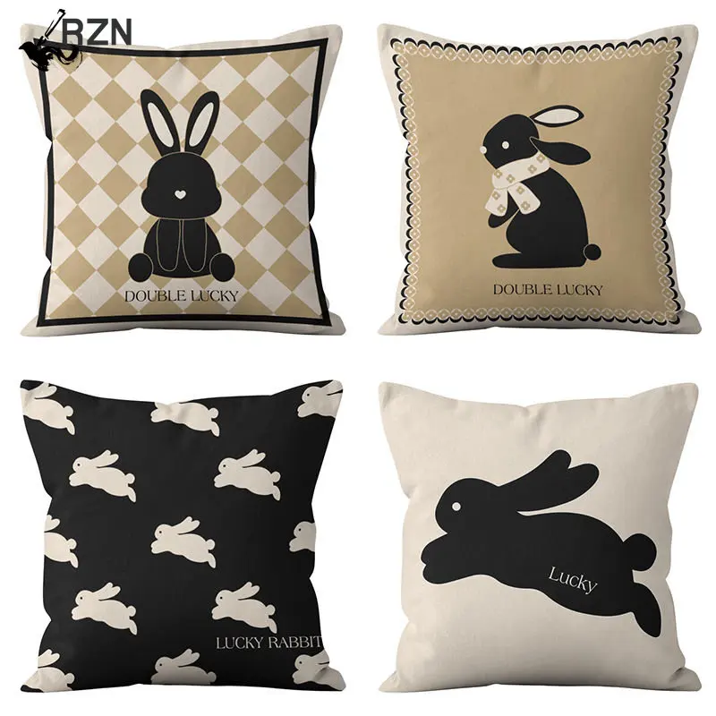 

Nordic Animal Rabbit Pillowcase Khaki Plaid Lucky Rabbit Pillow Cover Cartoon Black Bunny Bed Sofa Pillow Case Home Decorative