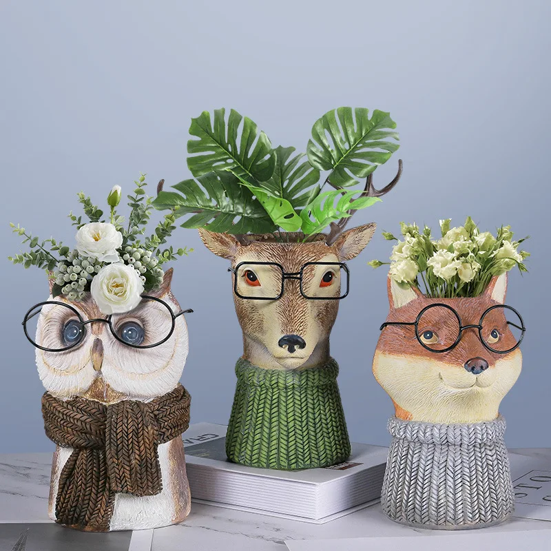

Home Decoration Owl Deer Desktop Crafts Resin Courtyard Garden Cartoon Animal Flower Pot Decoration Dry Flower Arrangement Decor