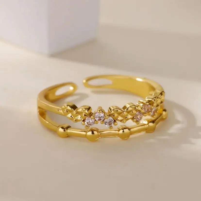 Zircon Heart Bead Rings for Women 18K Gold Plated Stainless Steel Geometric Ring