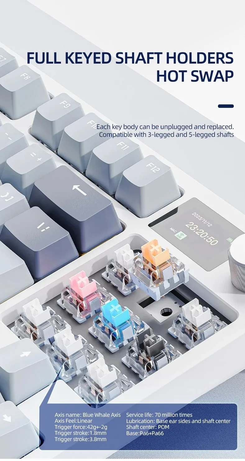ATTACK SHARK K86 기계식 키보드, 메탈 노브, TFT 스마트 컬러 스크린, 87키 레이아웃, RGB 조명, 3모드 연결