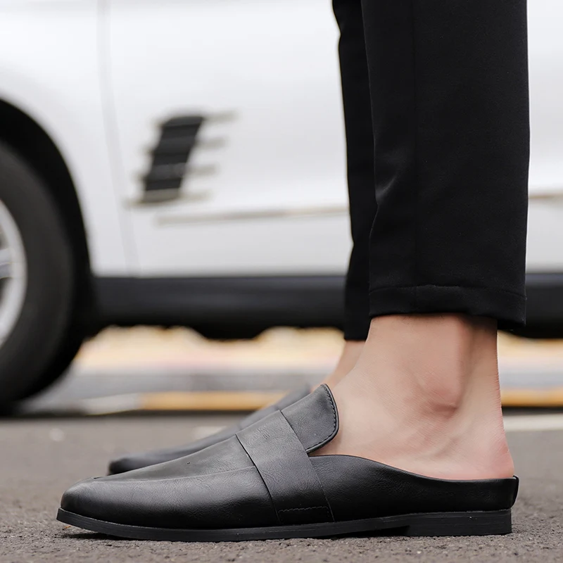 Summer Leather Men Half Loafers Slippers Loafer Slides Breathable Mules for Man Outdoor Lightweight Casual Half Shoes leather shoes