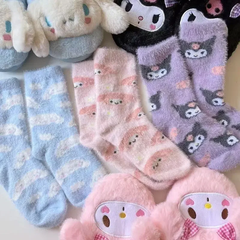 

Sanrio Kawaii Hello Kitty Melody Anime Cartoon stockings for Women Winter Coral Velvet Cute Floor Sleeping Socks To Keep Warm