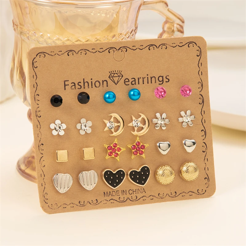 12 Pairs Combination Stud Earrings For Women Girl Shiny Zircon Moon Star Snowflake Geometric Mini Earring Party Charm Jewelry