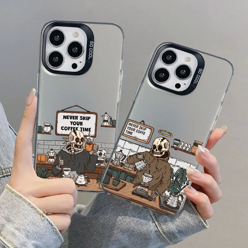 Kaffeehaus-Skelett-Cartoon-Handyhülle für iPhone 17 15 14 13 12 11 Mini Pro Max 16 Pro Max Plus 15 Plus Stoßfeste Laser-Cover – Detail 8