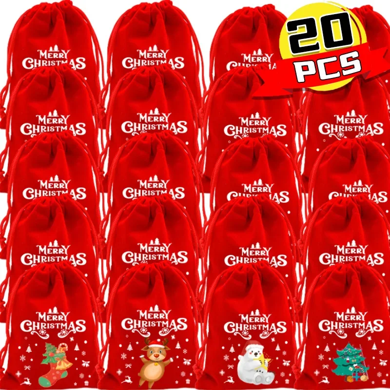 20pcs Christmas Gift Bags Drawstring Bags for Children Candy Bags Drawstring Drawstring Gift Bags Red Christmas Flannel Bags 1