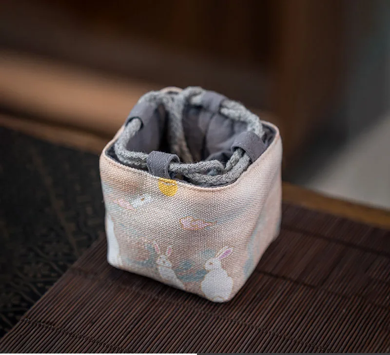 Cotton Linen Bag Teapot Bag Chinese Style Cup Printed Rabbit Portable Tea Set Cloth Tea Set Storage Cup ZD41