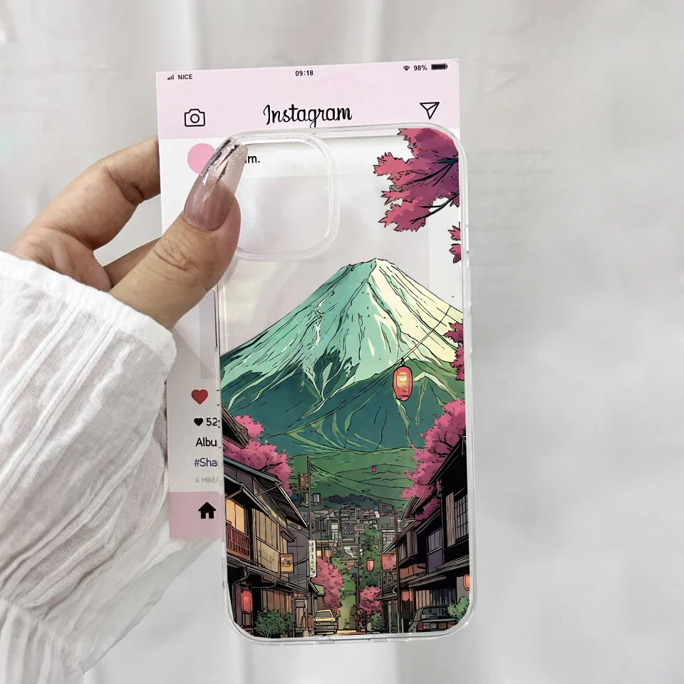 Anime-Inspired Sunset Mountain Landscape Pink Phone Case – Stylish Hard Cover