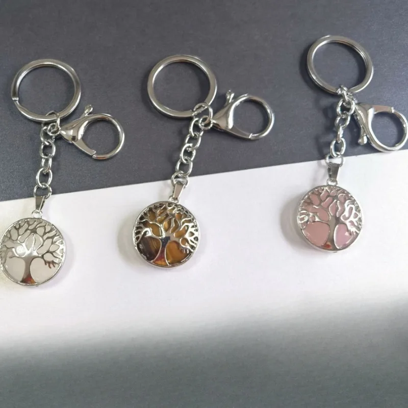 

10pcs Tree of Life Pattern Lobster Clasp Natural Stone Charms Key Rings Women Keychains Lanyard Wholesale