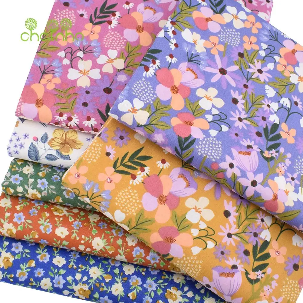 Chainho,Printed Twill Weave Cotton Fabric,DIY Sewing Quilting Material,Patchwork Series,7 Designs Floral Series,2 Sizes,15C355