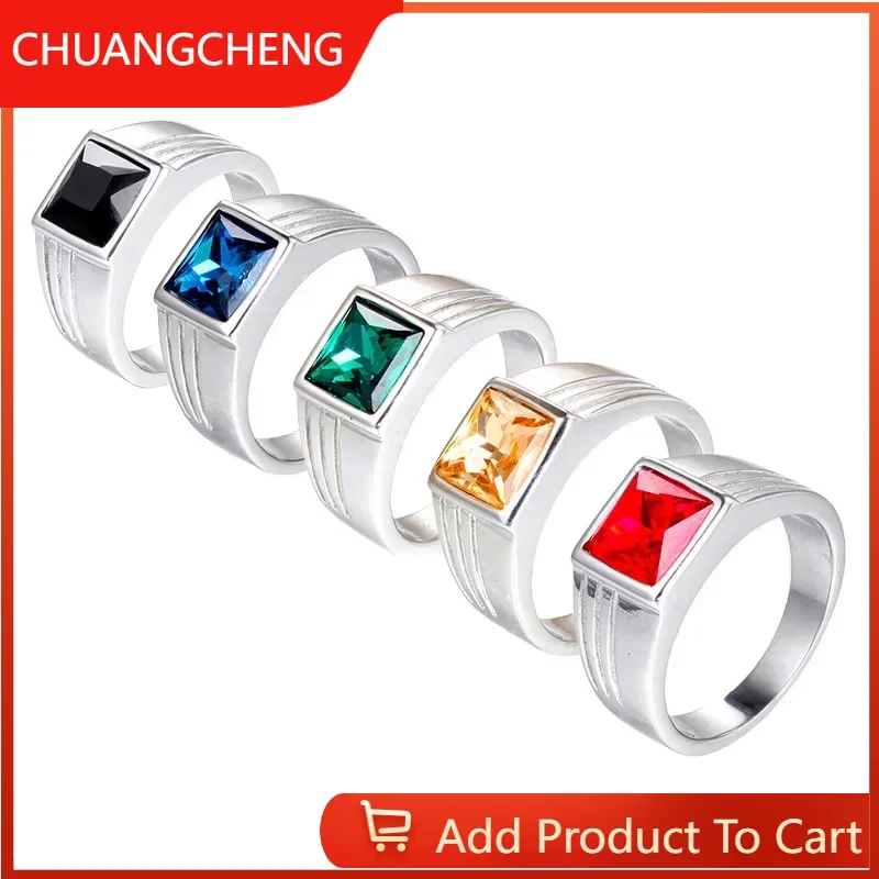

CHUANGCHENG Euramerican Punk Minimalist Fashion Multi-color Gemstone Square Ring Size 7-13