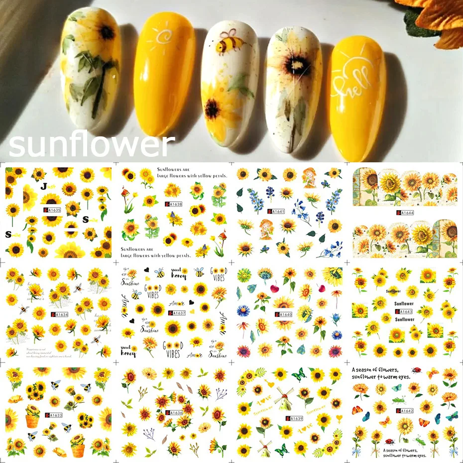 12patterns Sunflower Nail Water Decals Yellow Flowers Sliders for Nails Transfer Sticker Floral Butterfly Bee Manicure Wraps 6