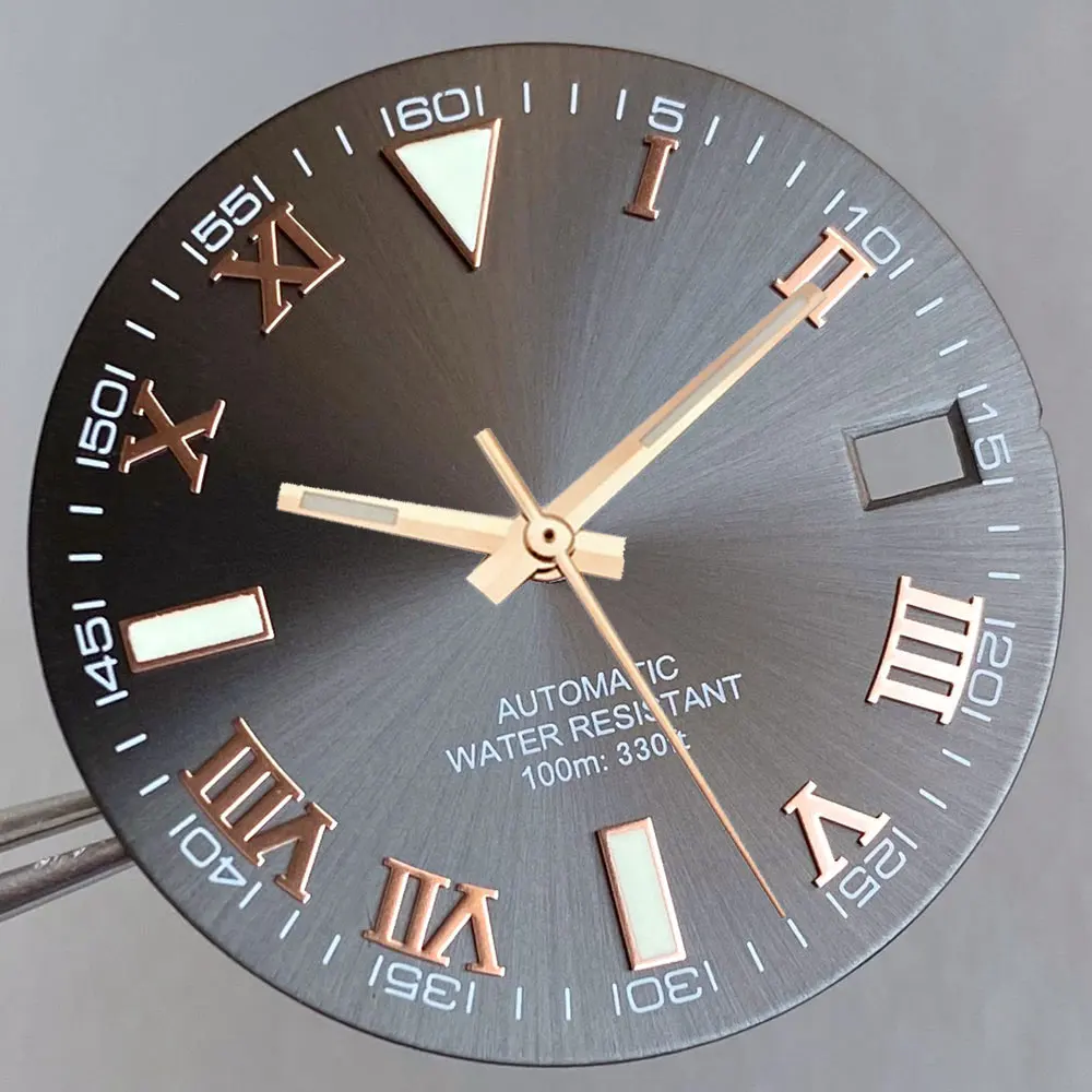 Grey Silver Sunburst 29mm Watch Dial with Roman Numerals and Multi-Colored Hand Set